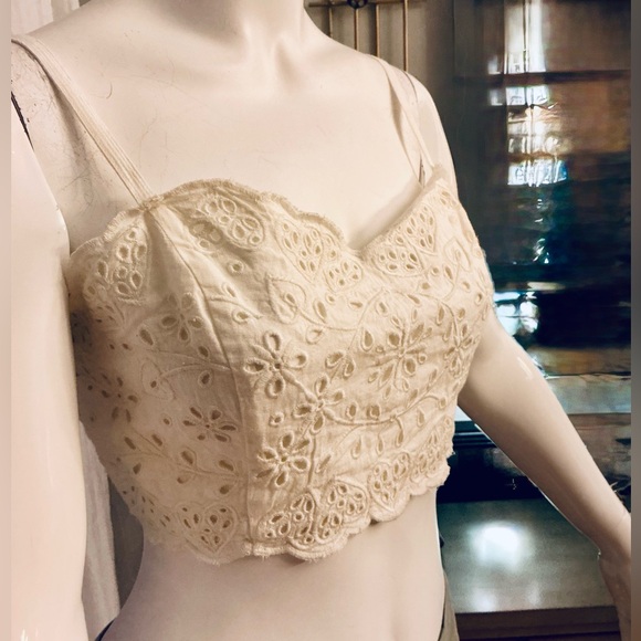 Madewell Ivory Lacey Eyelet Linen Blend Beachy Cropped Tank Top Woman Size 2 - Picture 6 of 11